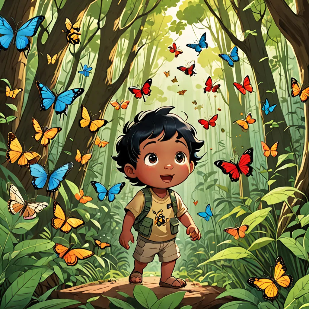 a boy in the jungle surrounded by butterflies and butterflies flying around him, with a forest background with a boy in the middle of the jungle, magical realism, a storybook illustration, Aaron Jasinski, comic cover art
