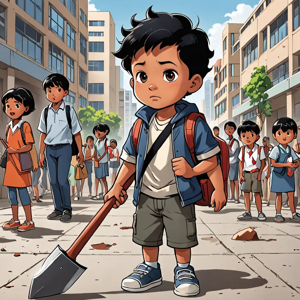 a cartoon of a boy holding a shovel in front of a group of children on a city street with buildings, samikshavad, a storybook illustration, Asaf Hanuka, official art