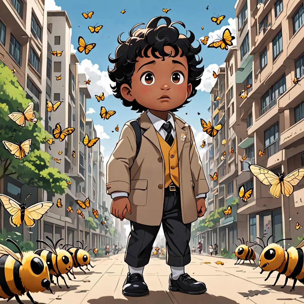 a boy standing in the middle of a street surrounded by bees and buildings with a sky background of yellow butterflies, serial art, a character portrait, Everett Warner, comic cover art
