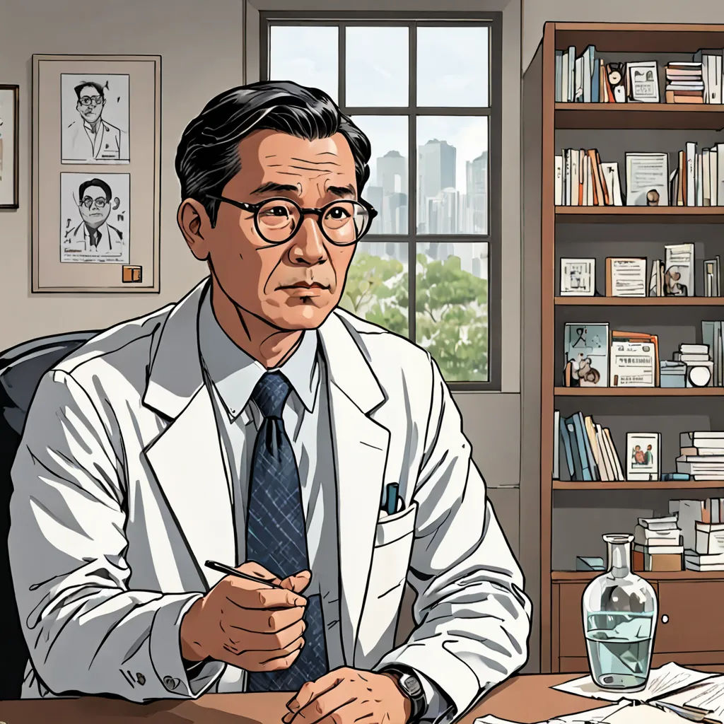 a man in a white coat and tie sitting at a desk with a bookcase and a glass of water, academic art, a character portrait, Choi Buk, katsuhiro otomo