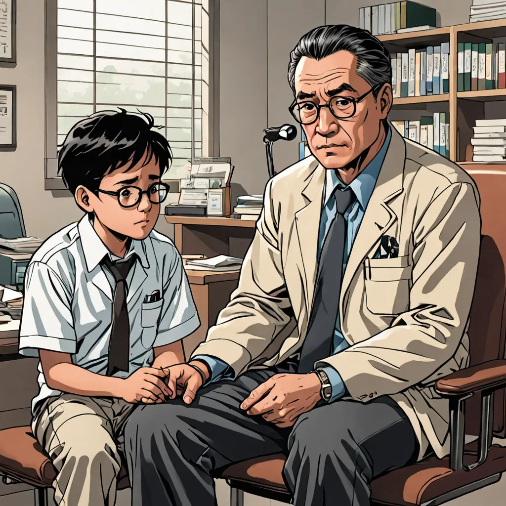 a man sitting next to a boy in a chair in an office setting with a bookcase full of books, private press, a comic book panel, Akira Toriyama, yukito kishiro