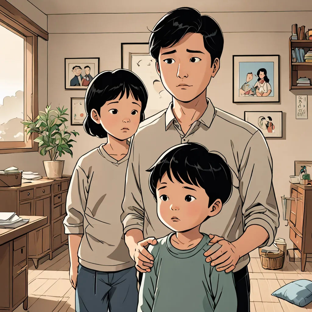 a man and two children standing in a room with pictures on the wall behind them and a window in the background, serial art, a comic book panel, Byeon Sang-byeok, graphic novel