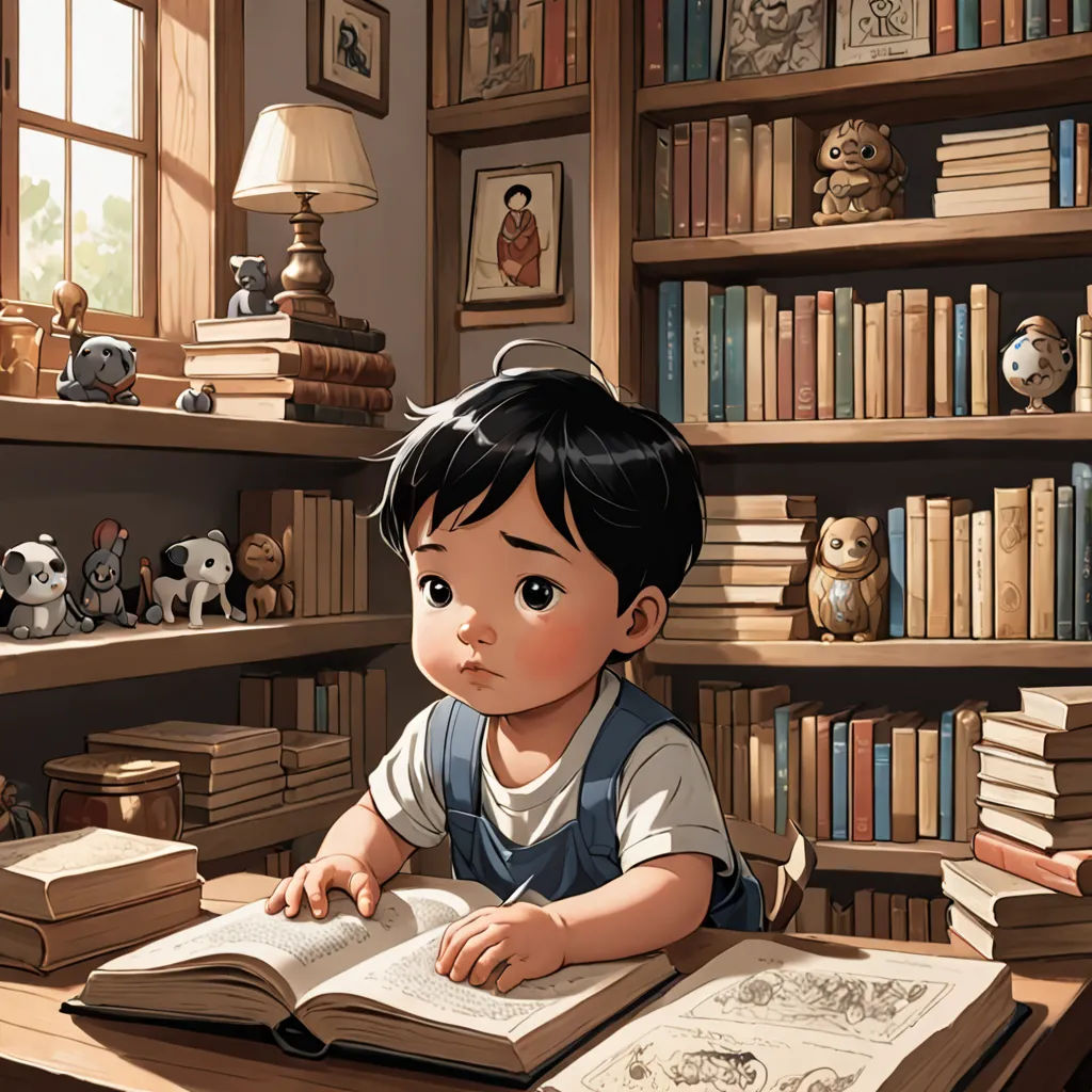 a boy sitting at a desk with a book in front of him and a lamp on the side of the table, fantasy art, a storybook illustration, Diego Gisbert Llorens, storybook illustration
