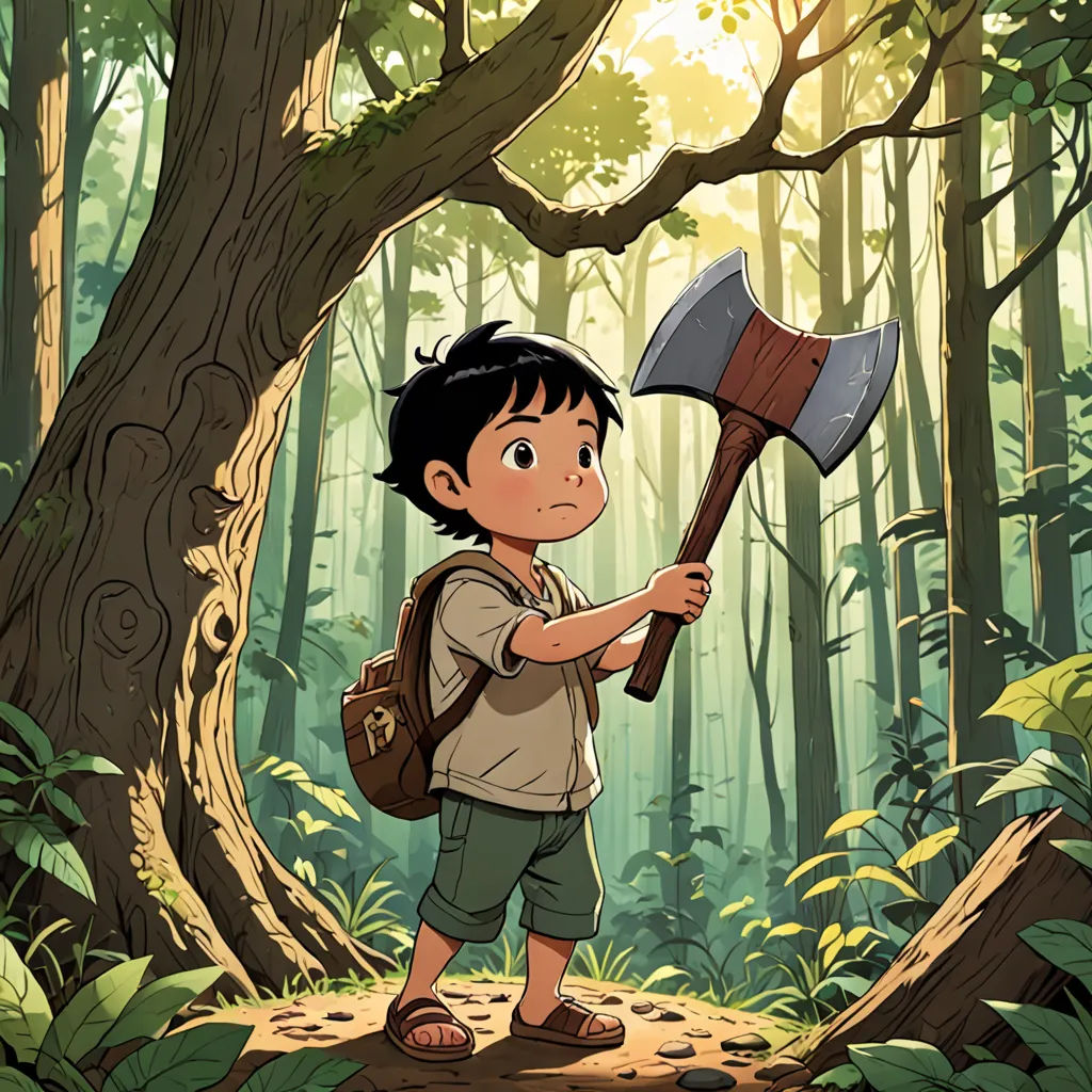 a boy holding a axe in a forest with a backpack on his back and a backpack on his shoulder, primitivism, a storybook illustration, Diego Gisbert Llorens, yukito kishiro
