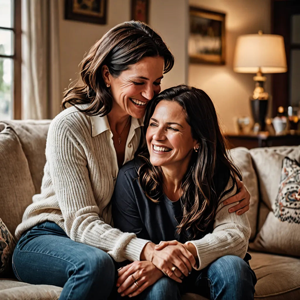 two women sitting on a couch smiling and hugging each other's arms and legs, with a living room in the background, incoherents, a stock photo, Amy Weber, promotional image