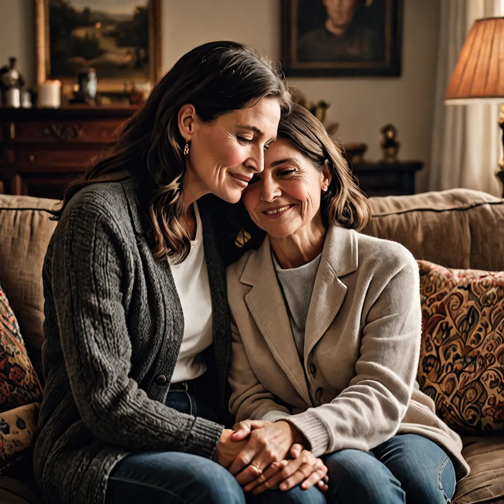 two women sitting on a couch hugging each other and smiling at the camera, with a lamp in the background, hyperrealism, a stock photo, Frances Jetter, promotional image