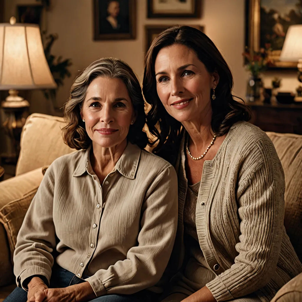 two women sitting on a couch in a living room together, one of them is smiling at the camera, american scene painting, a photorealistic painting, Ancell Stronach, promotional image