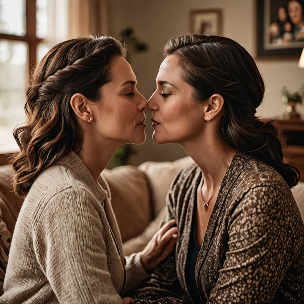 two women sitting on a couch kissing each other with a smile on their face and a man standing behind them, fine art, a poster, Bálint Kiss, promotional image