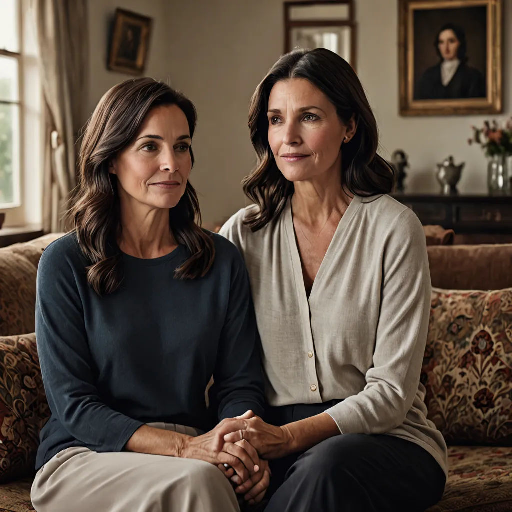 two women sitting on a couch in a living room together, one of them is holding the hand of the other, verdadism, a poster, Christian Hilfgott Brand, promotional image
