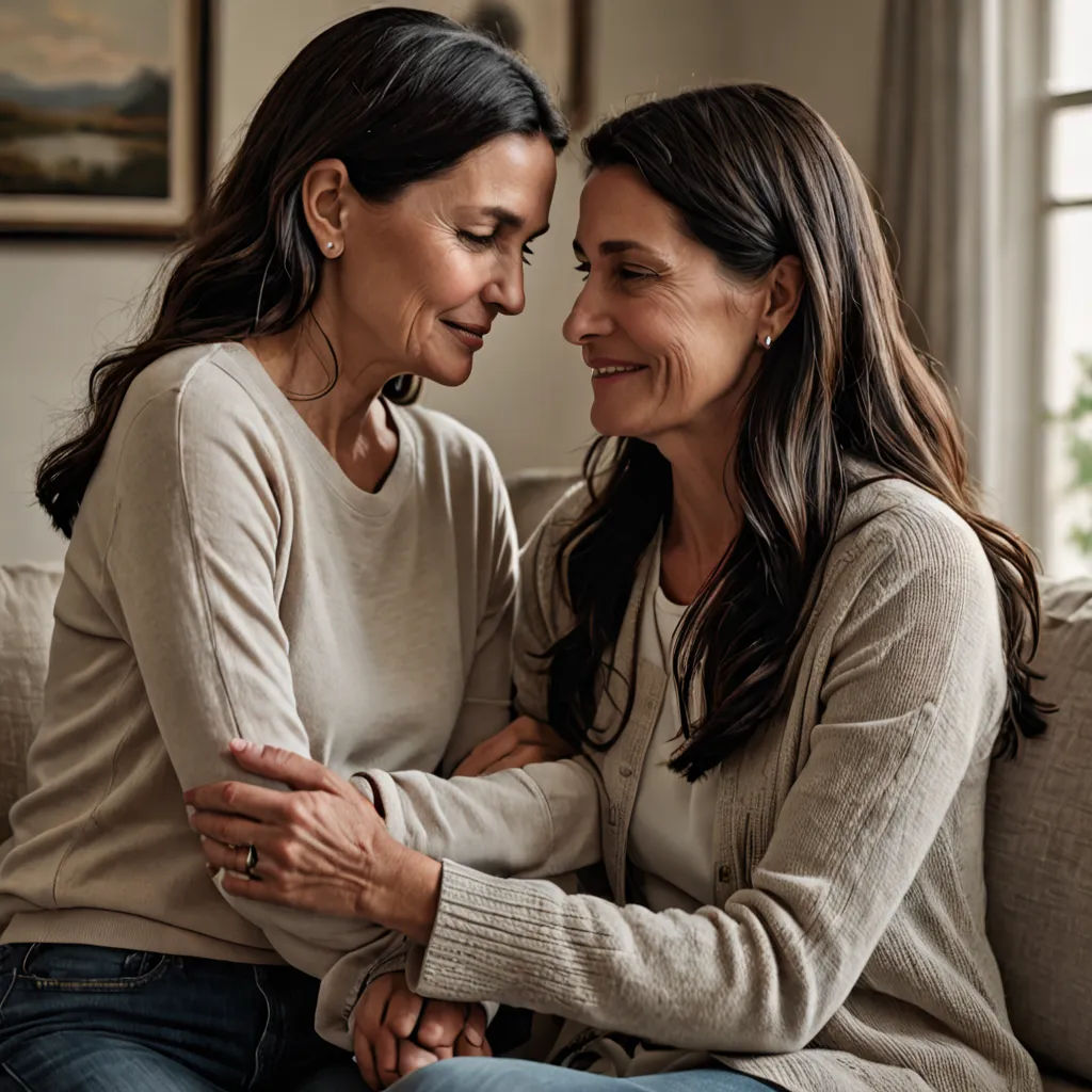 two women sitting on a couch smiling at each other's eyes and hugging each other's forehead, verdadism, a stock photo, Christian Hilfgott Brand, promotional image