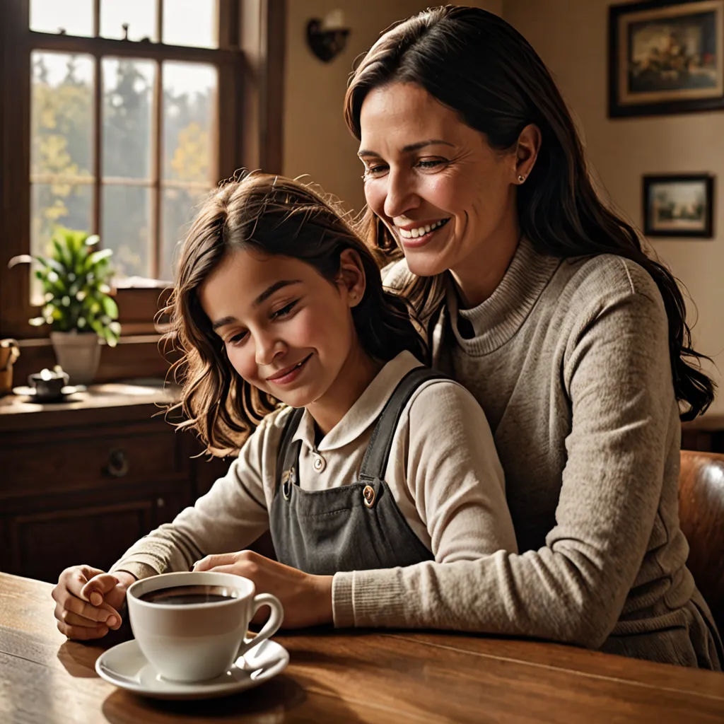 a woman and a girl sitting at a table with a cup of coffee in front of them and smiling, arts and crafts movement, a stock photo, Cor Melchers, promotional image