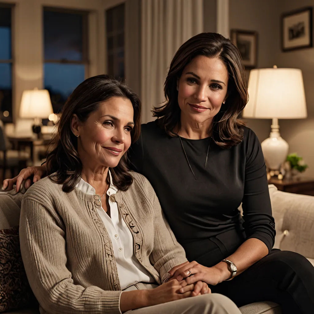 a woman sitting next to a woman on a couch in a living room with a lamp on the side of the couch, serial art, a portrait, Ammi Phillips, promotional image