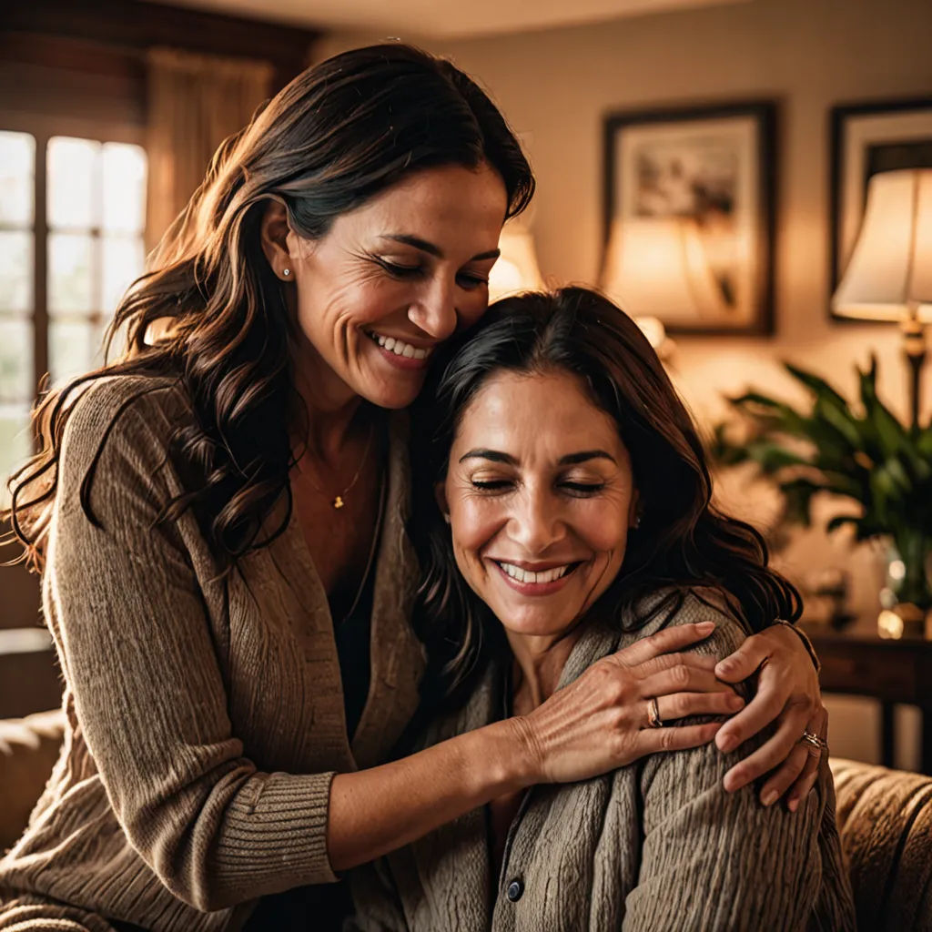 a woman hugging another woman on the couch in a living room with a lamp on the wall behind her, private press, a stock photo, Barbara Greg, promotional image