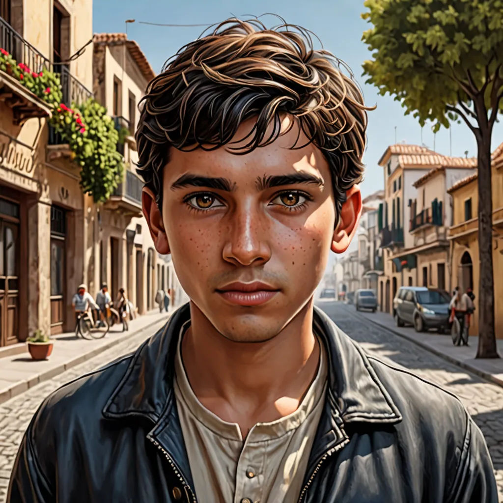 a man in a leather jacket standing in a street with a building in the background and a tree in the foreground, Aaron Jasinski, photorealism, a hyperrealistic painting, highly detailed digital painting