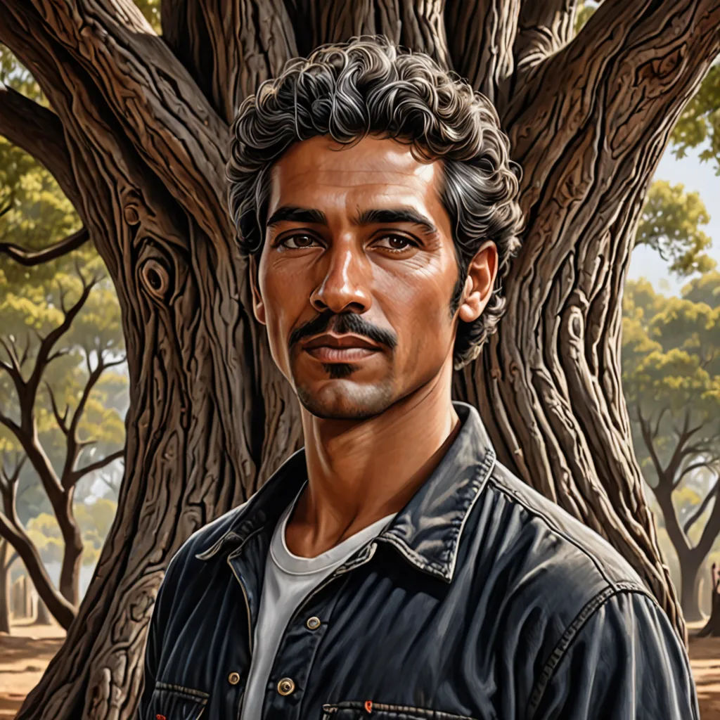 a painting of a man standing in front of a tree with a mustache and a beard, in a park, David Palumbo, serial art, a character portrait, character portrait
