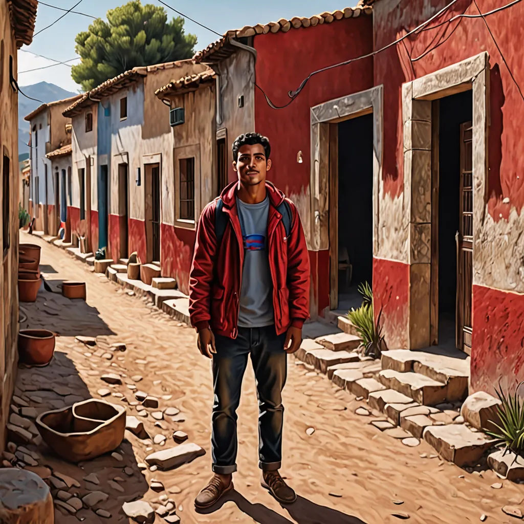 a man standing in the middle of a street in a village with red buildings and a cactus in the foreground, Chris LaBrooy, photorealism, an ultrafine detailed painting, highly detailed digital painting