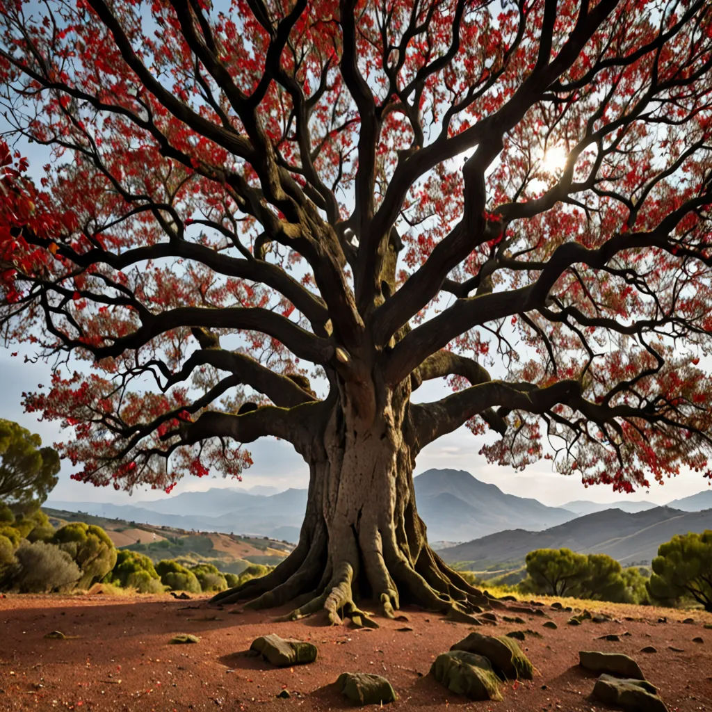 a large tree with red leaves in a field with mountains in the background and a blue sky with clouds, David Martin, naturalism, a jigsaw puzzle, award-winning photograph