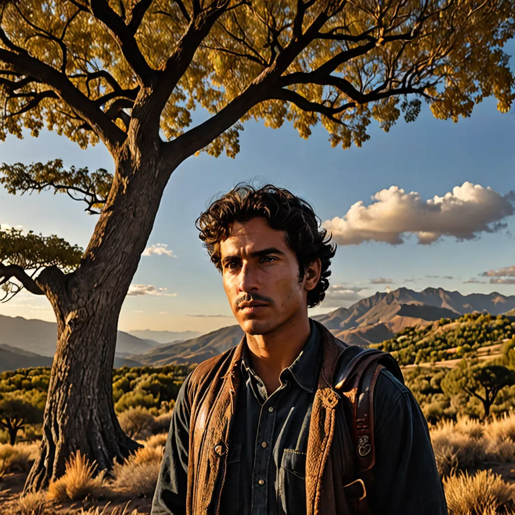 a man standing under a tree in the desert with mountains in the background and clouds in the sky above, Amir Zand, primitivism, a character portrait, promotional image