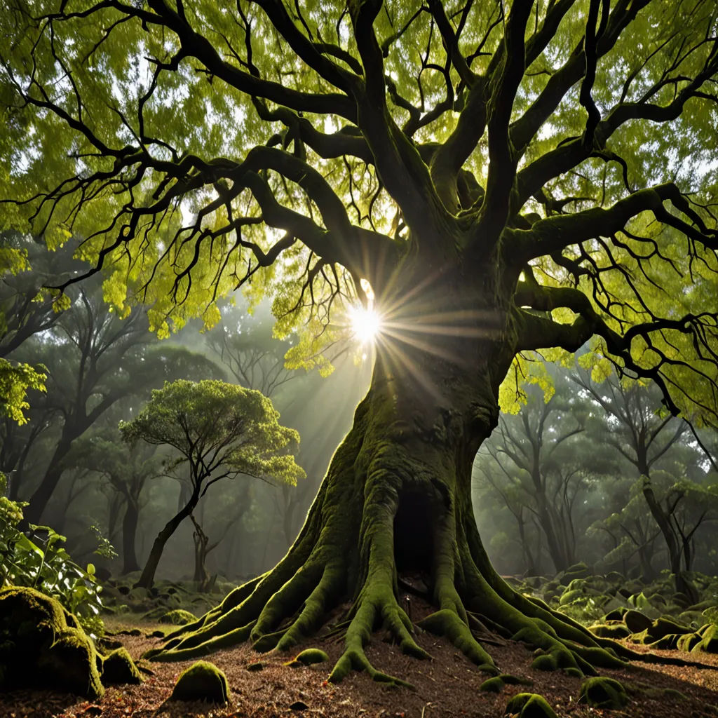 a large tree with the sun shining through the leaves and branches in a forest with green foliage and trees, David Martin, naturalism, a photorealistic painting, beautifully backlit