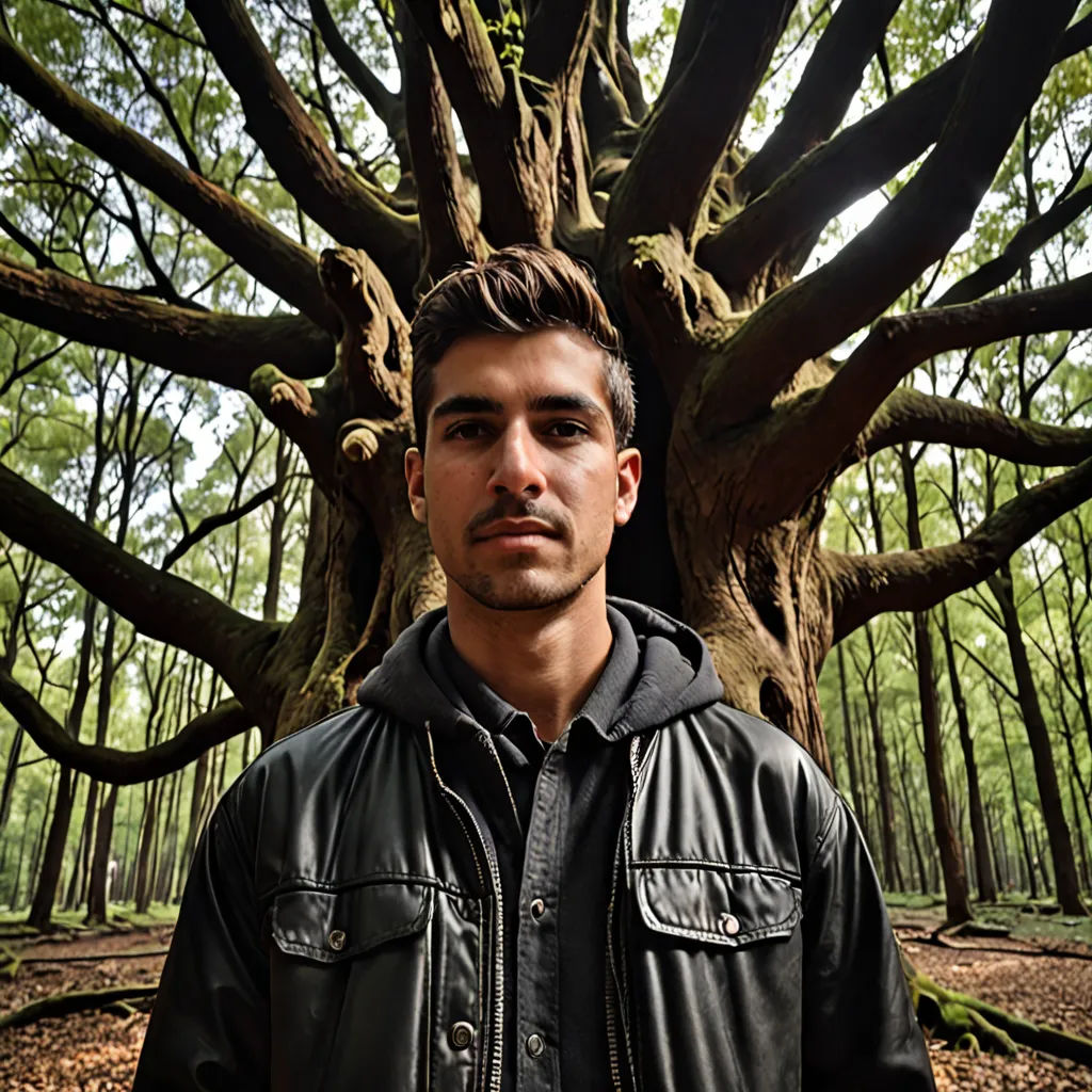 a man standing in front of a tree in a forest with a frisbee in his hand and a frisbee in his other hand, Andor Basch, naturalism, a character portrait, portrait photography