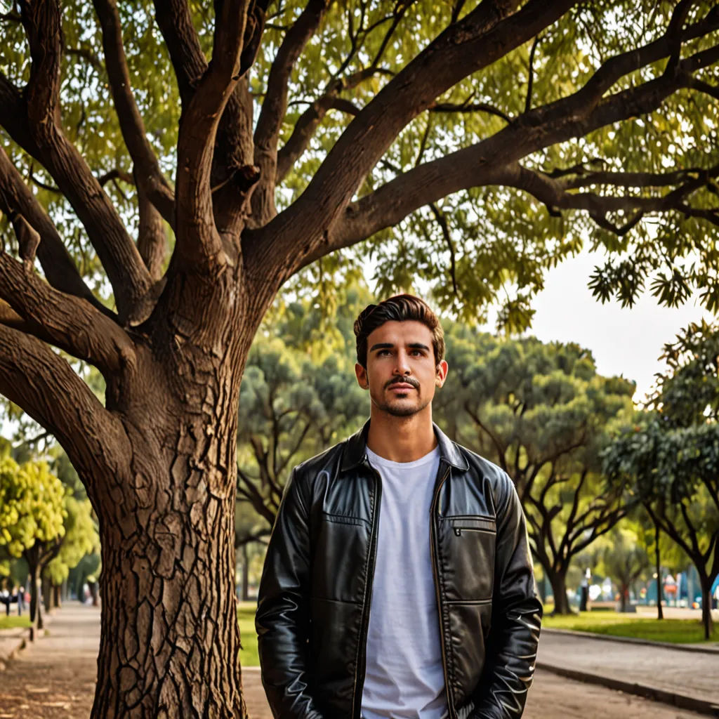 a man standing next to a tree in a park with a skateboard in his hand and a skateboard in his other hand, david rubín, neoplasticism, a character portrait, portrait photography