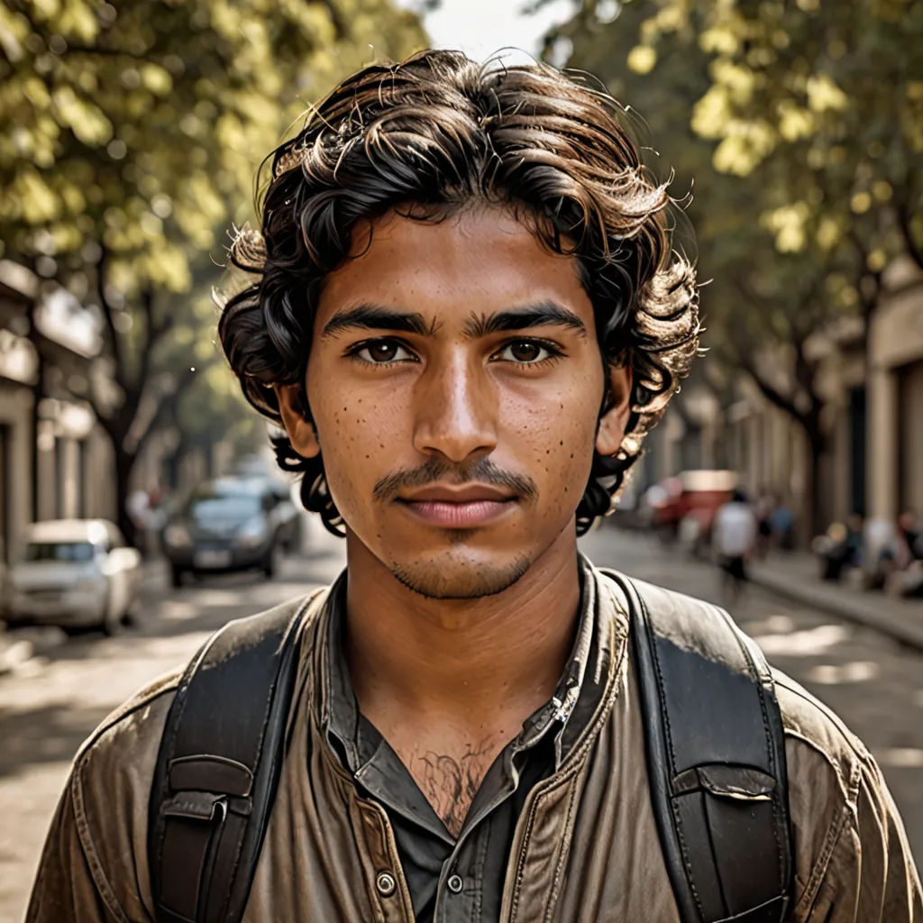 a man with a backpack on a city street with trees in the background and a building with a sign on it, Bikash Bhattacharjee, samikshavad, a character portrait, portrait photography