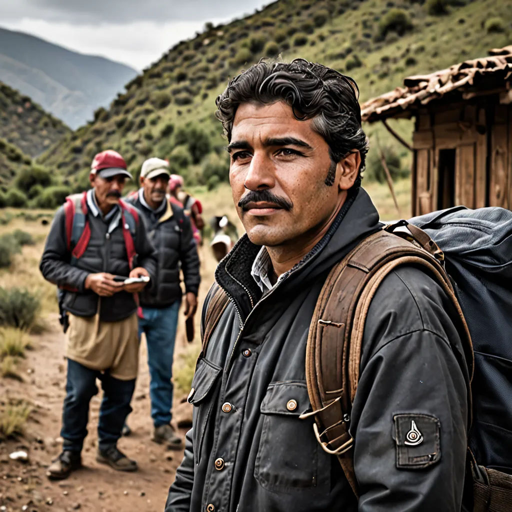 a man with a backpack standing in front of a group of men in a mountainous area with a mountain in the background, Abdullah Gërguri, primitivism, a character portrait, promotional image