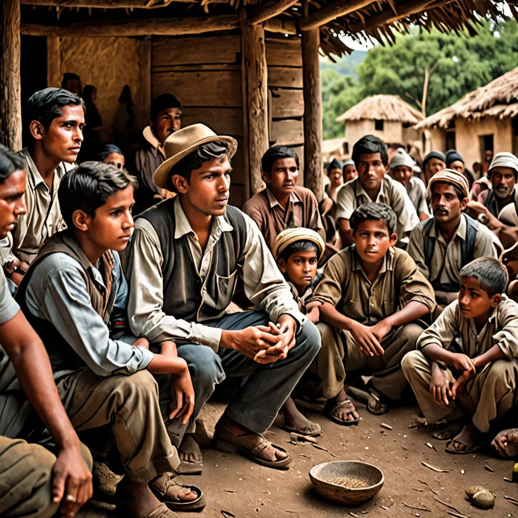 a group of men sitting next to each other on a dirt ground near a hut with straw roof and straw walls, Don Arday, bengal school of art, a colorized photo, movie still frame