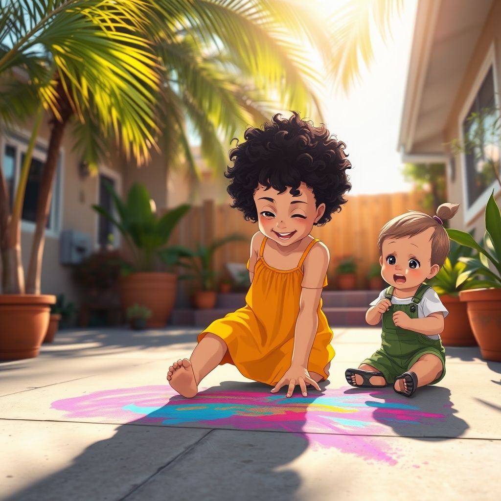 Lila, a spirited three-year-old with curly hair and an infectious laugh, was busy drawing on the concrete with bright chalks.