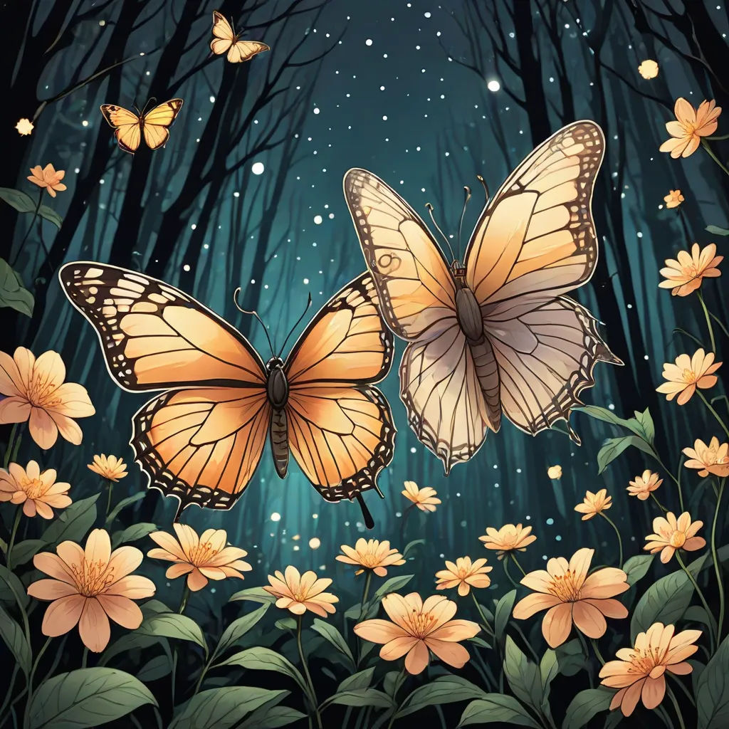 two butterflies flying over a forest filled with flowers and butterflies on a night sky background with stars and bubbles, magic realism, a storybook illustration, Anna Dittmann, rossdraws global illumination