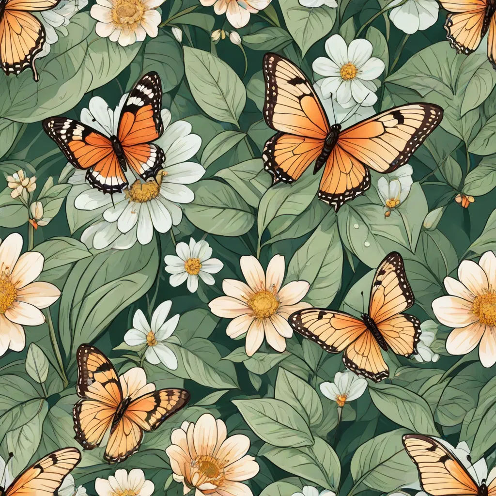 a bunch of butterflies flying over a bunch of flowers and leaves on a green background with white and yellow flowers, naturalism, a storybook illustration, Annabel Kidston, detailed illustration