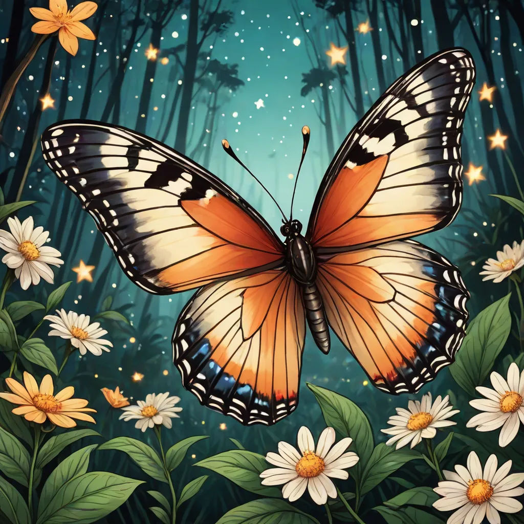 a butterfly flying over a forest filled with flowers and stars on a blue sky background with stars and a forest full of flowers, fantasy art, a storybook illustration, Anna Dittmann, storybook illustration