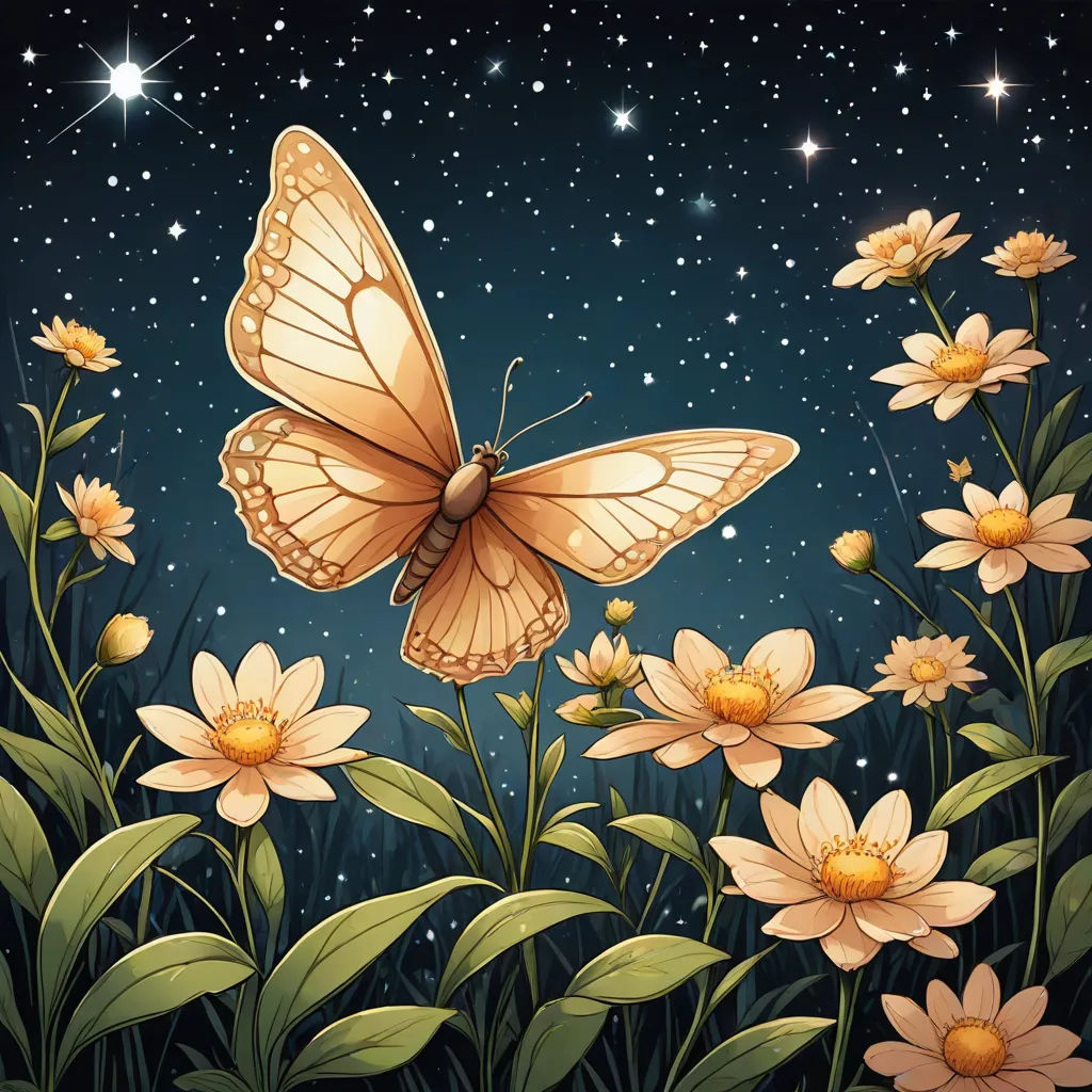 a butterfly flying over a field of flowers under a night sky with stars and a shooting star in the sky, fantasy art, a storybook illustration, Anna Dittmann, highly detailed digital painting