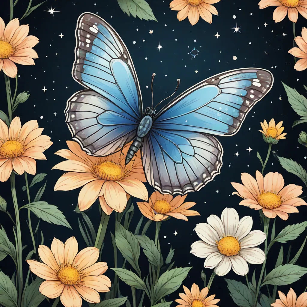 a blue butterfly sitting on top of a flower field with yellow flowers and stars in the background of the sky, psychedelic art, a storybook illustration, Annabel Kidston, highly detailed digital painting
