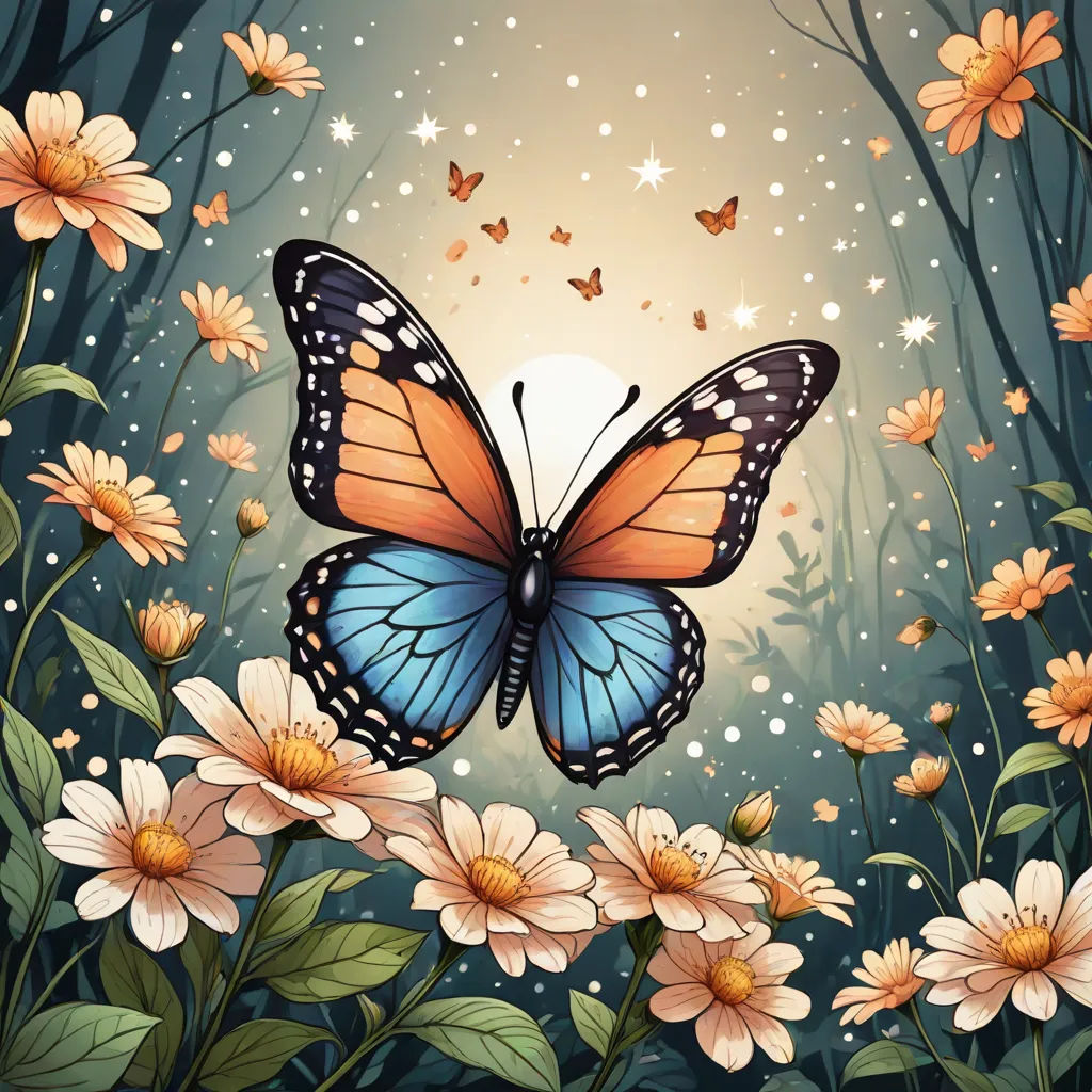 a butterfly flying over a field of flowers with butterflies flying around it on a night sky background with stars and stars, fantasy art, a storybook illustration, Anna Dittmann, highly detailed digital painting