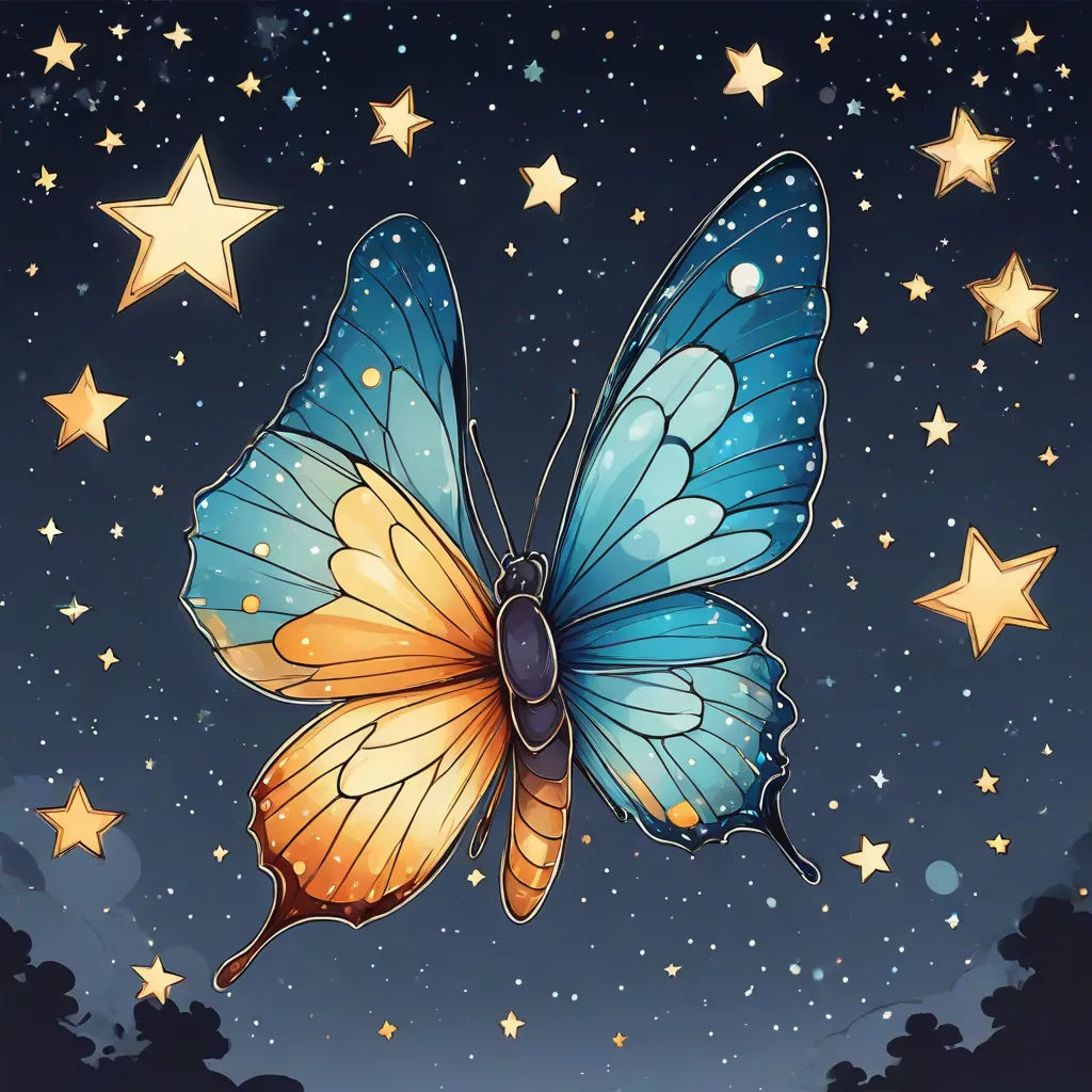 a blue butterfly with yellow wings flying through the night sky with stars on it's back ground and a blue sky with white clouds and stars, magic realism, a storybook illustration, amano, night sky