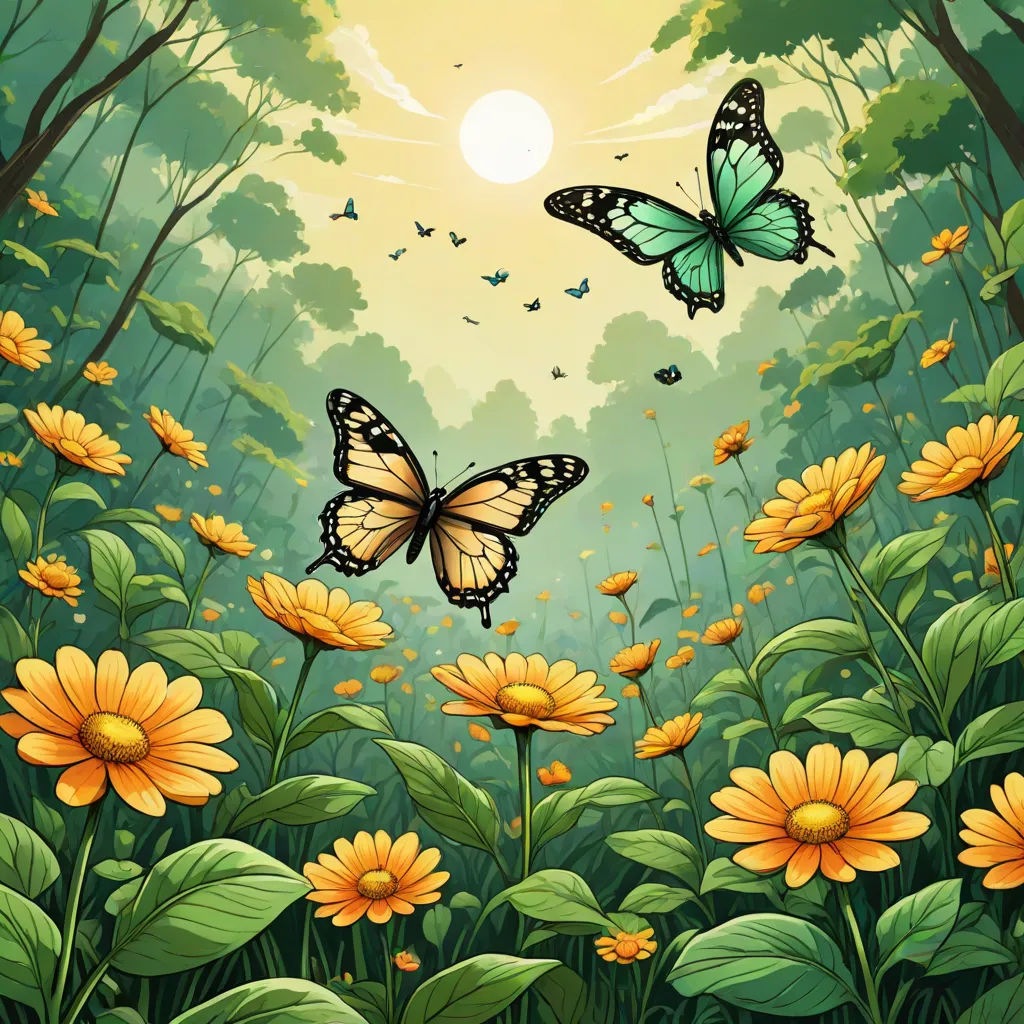 a painting of two butterflies flying over a field of flowers and yellow flowers with a sun in the background, fantasy art, a storybook illustration, Anne Stokes, nature