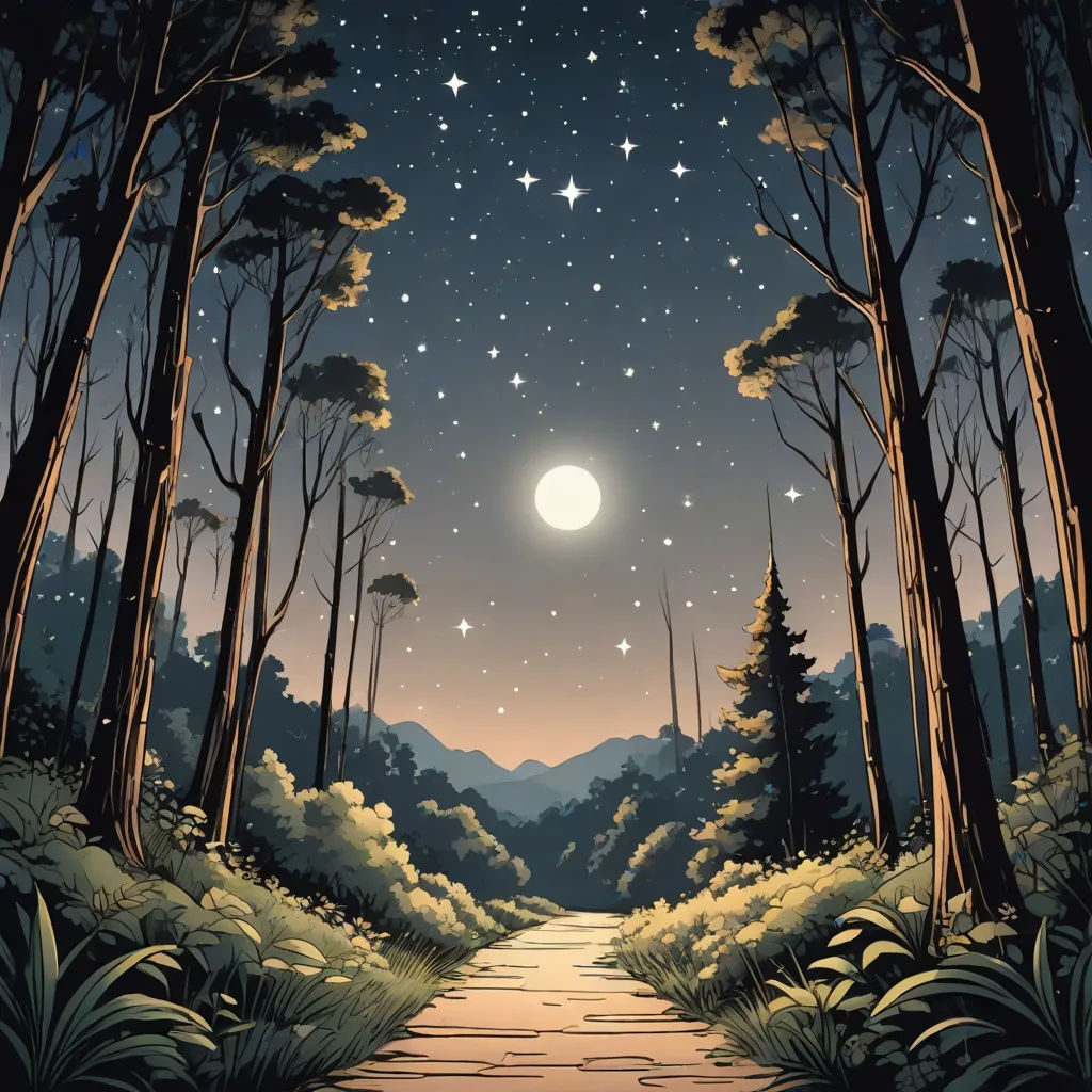 a painting of a pathway leading to a forest with stars in the sky above it and a path leading to a forest with trees, fantasy art, a storybook illustration, Dan Mumford, storybook illustration