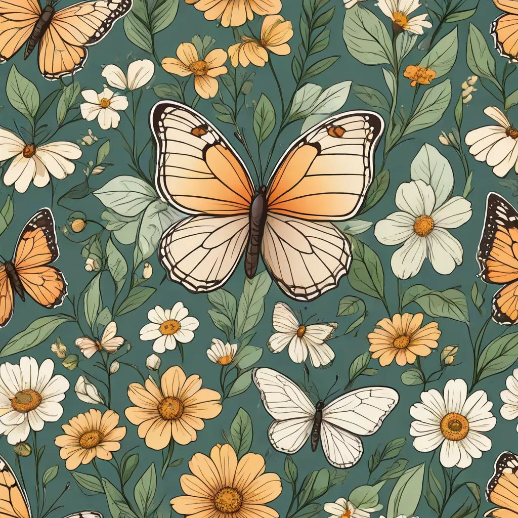 a pattern of butterflies and flowers on a green background with white daisies and yellow daisies on the bottom, naturalism, a storybook illustration, Annabel Kidston, detailed illustration
