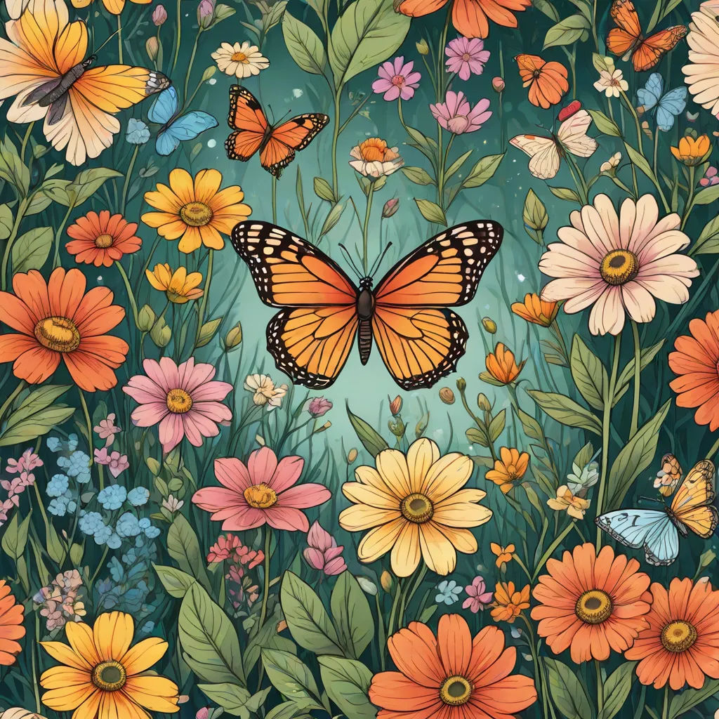 a painting of a butterfly and flowers with butterflies flying around it on a blue background with a green background, psychedelic art, a storybook illustration, Chris LaBrooy, josan gonzales and dan mumford