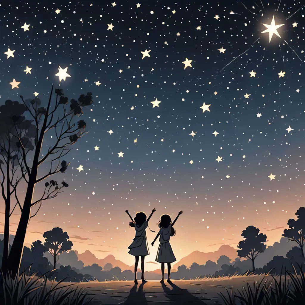 two girls are standing under the stars in the sky at night time, with their arms outstretched, looking at the stars, space art, a storybook illustration, Atey Ghailan, stars