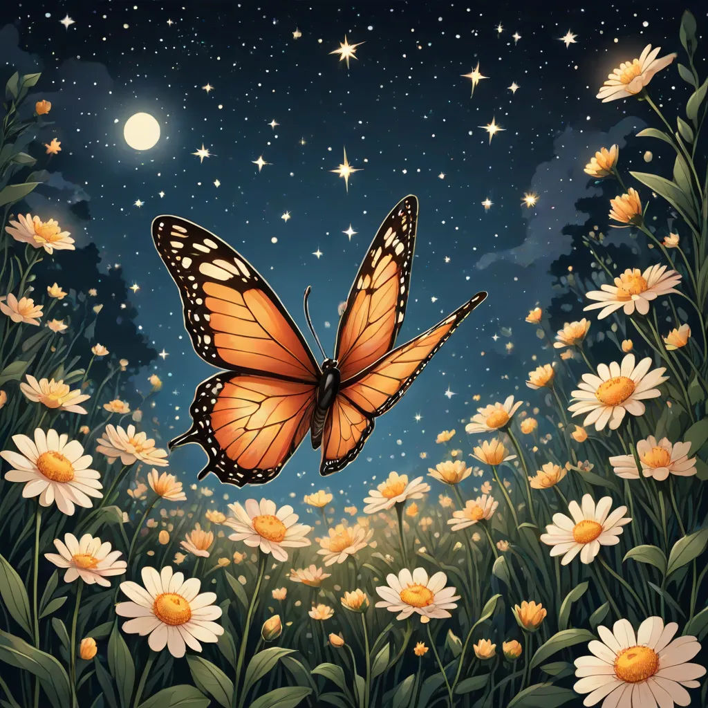 a butterfly flying over a field of flowers under a night sky with stars and a full moon in the background, fantasy art, a storybook illustration, Anne Stokes, rossdraws global illumination