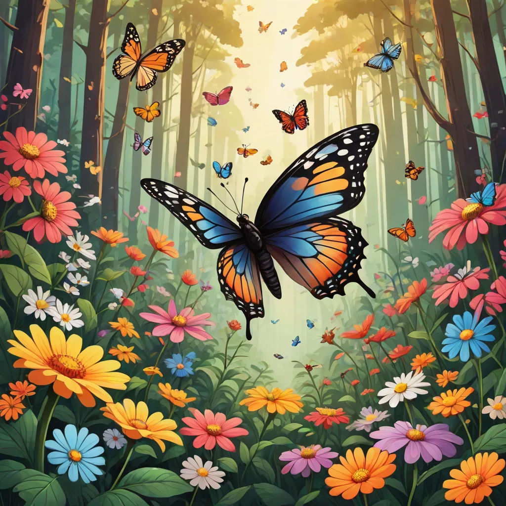 a painting of a butterfly flying over a forest filled with flowers and butterflies, with the sun shining through the trees, magic realism, a storybook illustration, Dan Mumford, highly detailed digital painting