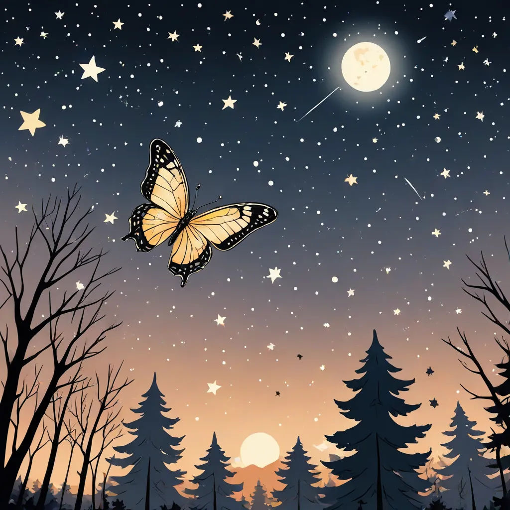 a butterfly flying over a forest at night with stars and a full moon in the sky above it and trees, magical realism, a storybook illustration, Annabel Kidston, night sky