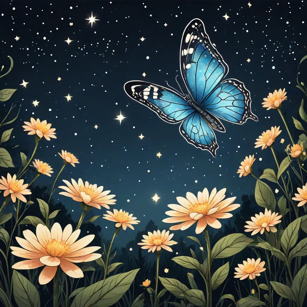 a blue butterfly flying over a field of yellow flowers and stars in the sky above it is a full moon, fantasy art, a storybook illustration, Chiho Aoshima, detailed illustration