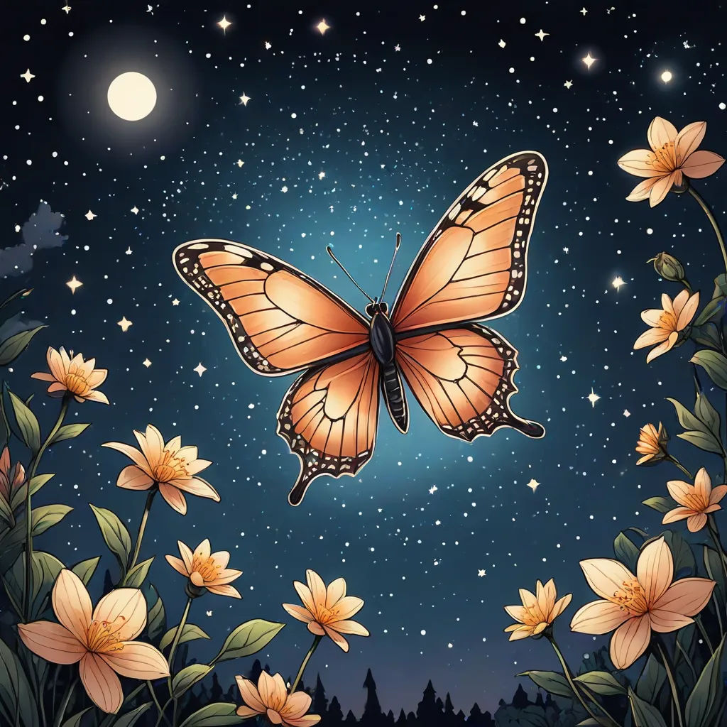 a butterfly flying over a field of flowers under a full moon sky with stars and a full moon in the background, fantasy art, a storybook illustration, Dan Mumford, josan gonzales and dan mumford