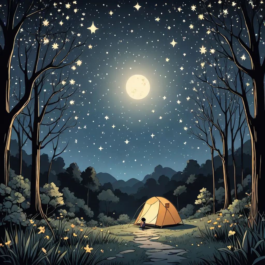 a tent in the woods under a full moon and stars sky with trees and a stream running through it, space art, a storybook illustration, Atey Ghailan, storybook illustration