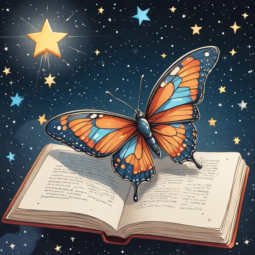 a butterfly sitting on top of an open book in the sky with stars around it and a star above it, magical realism, a storybook illustration, Dirk Crabeth, storybook illustration