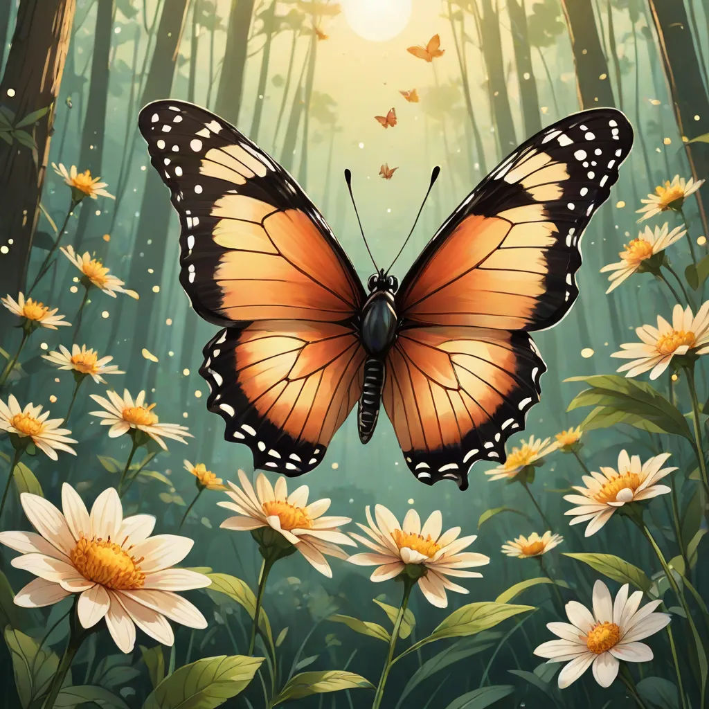 a butterfly flying over a field of flowers and daisies in the sunlight with a forest in the background, fantasy art, a storybook illustration, Anne Stokes, highly detailed digital painting