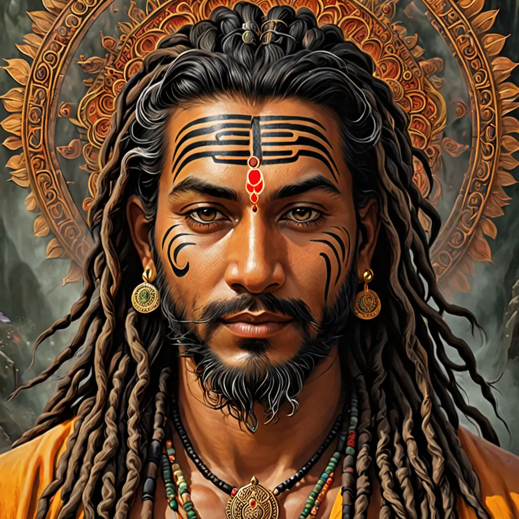 a painting of a man with dreads and a beard with a red cross on his forehead and a gold necklace, samikshavad, a detailed painting, Bholekar Srihari, highly detailed digital painting